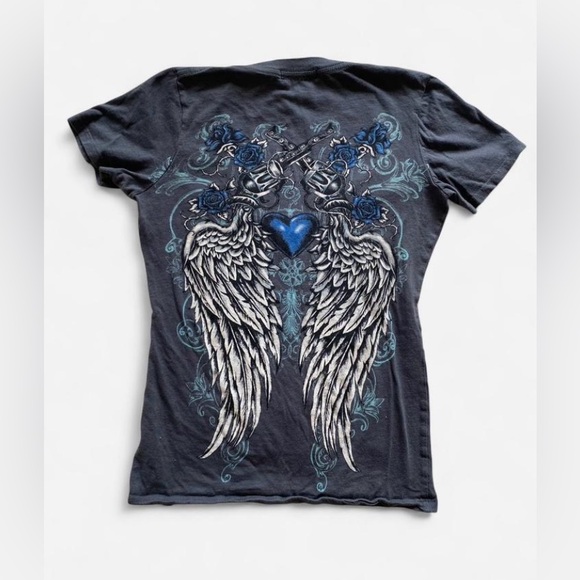 Y2k Grunge Blue & Grey Fitted V Neck Tee Guns, Roses, Hearts & Wings Design - Picture 6 of 7
